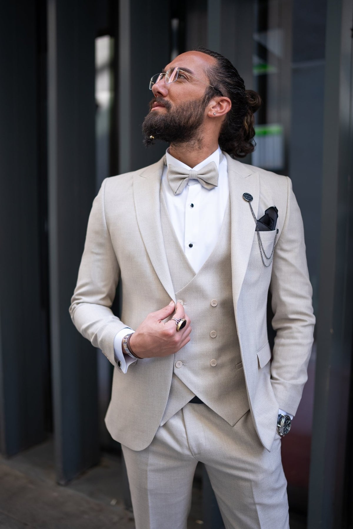 Beige formal tuxedo complete summer wedding outfit, back view