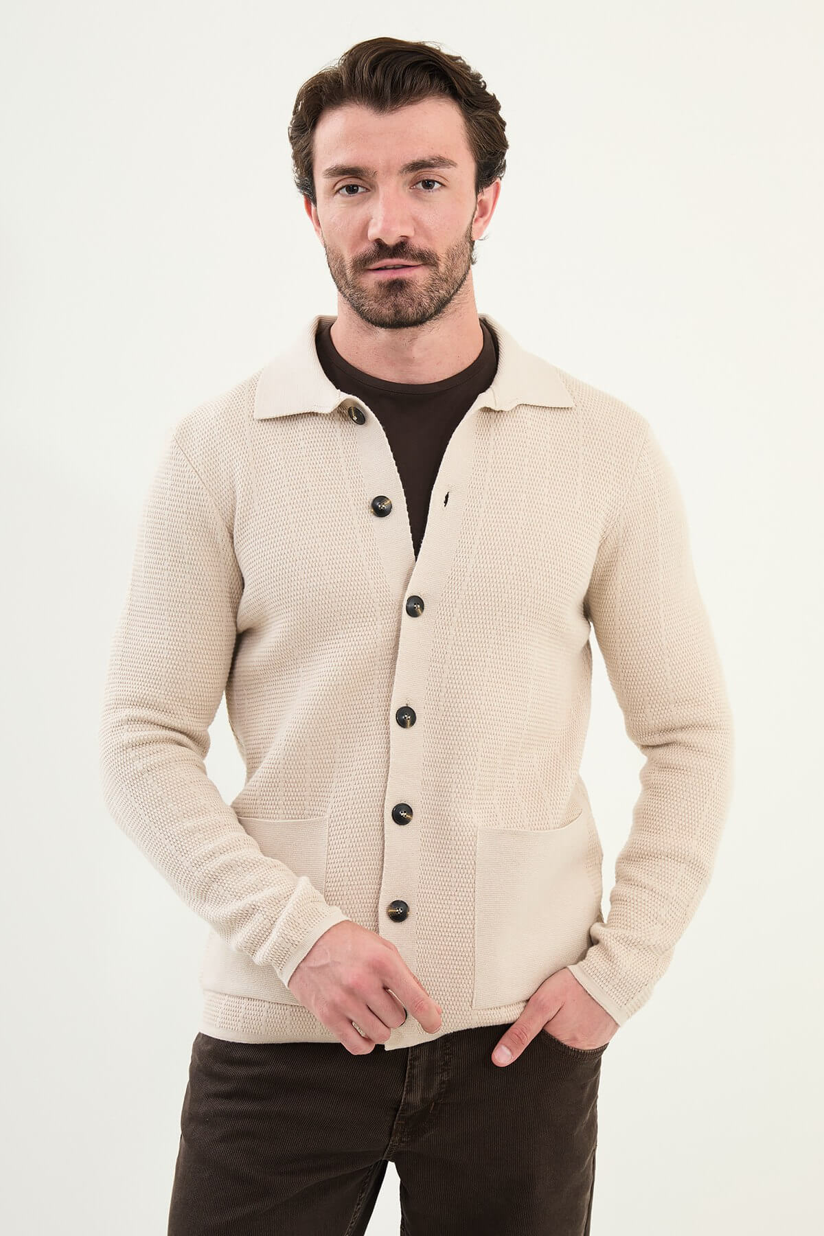 Men's Beige Slim Fit Button-Up – HolloMen - Main Image