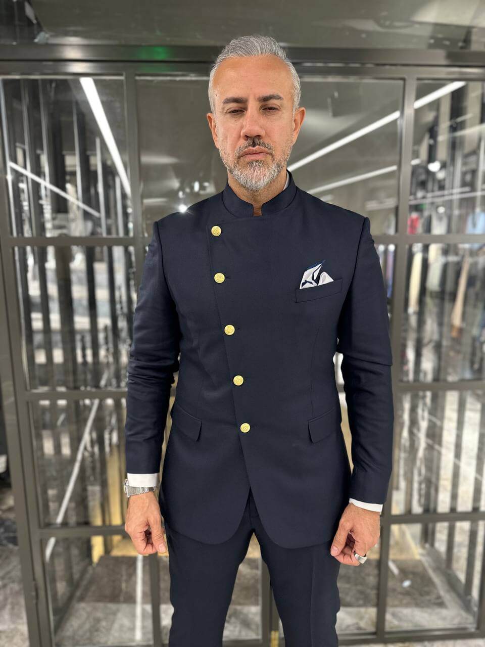 Elegant Mandarin Collar Suit for Wedding - Majestic Regal Navy Suit HolloMen Elegant Mandarin Collar Suit for Wedding - Majestic Regal Navy Suit HolloMen