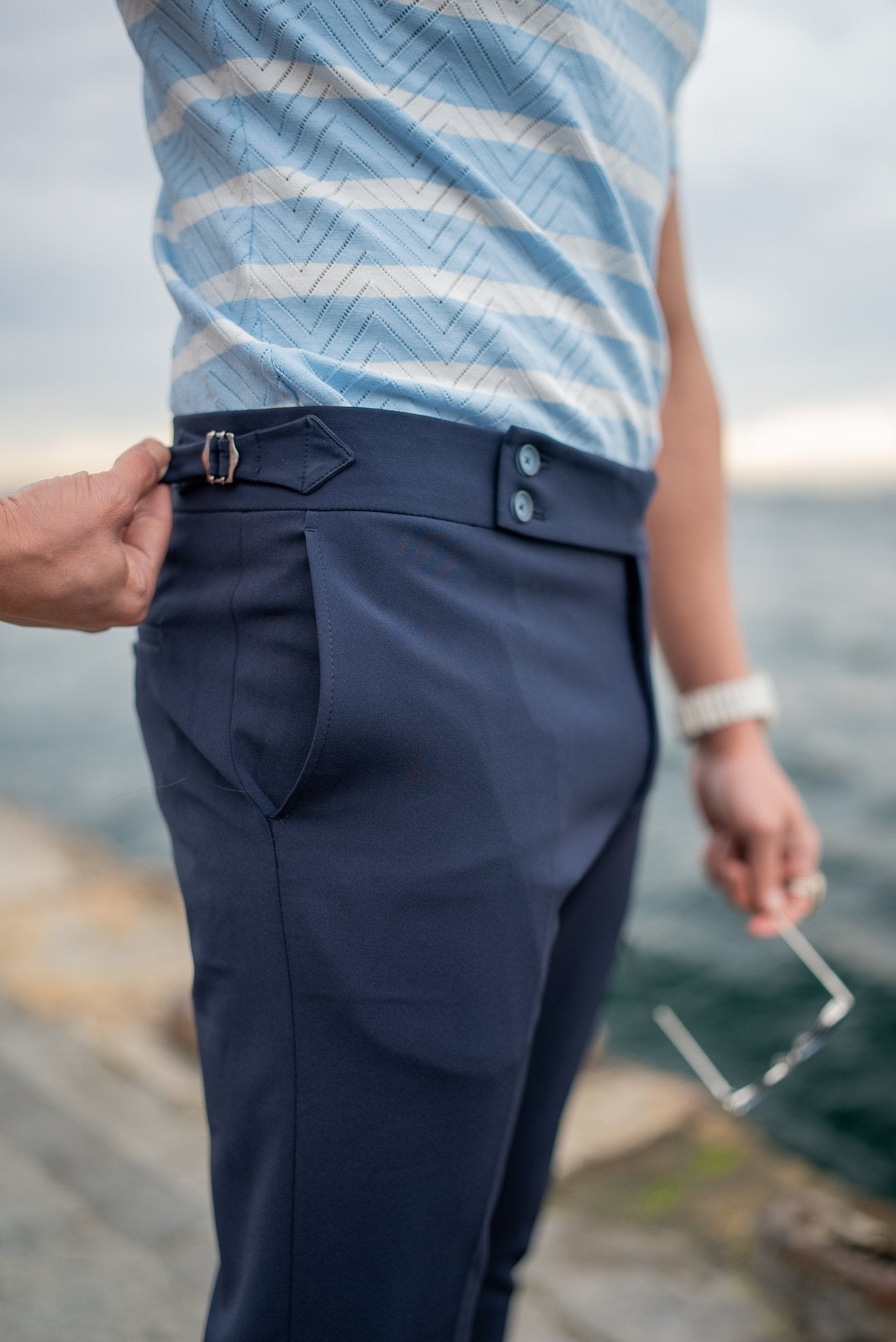 Mara Slim Fit Double Button Navy Blue Trousers for Men. HolloMen Mara Slim Fit Double Button Navy Blue Trousers for Men. HolloMen