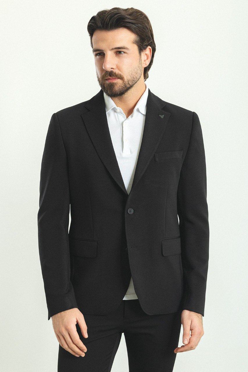 Black slim fit blazer styled formal, full length view