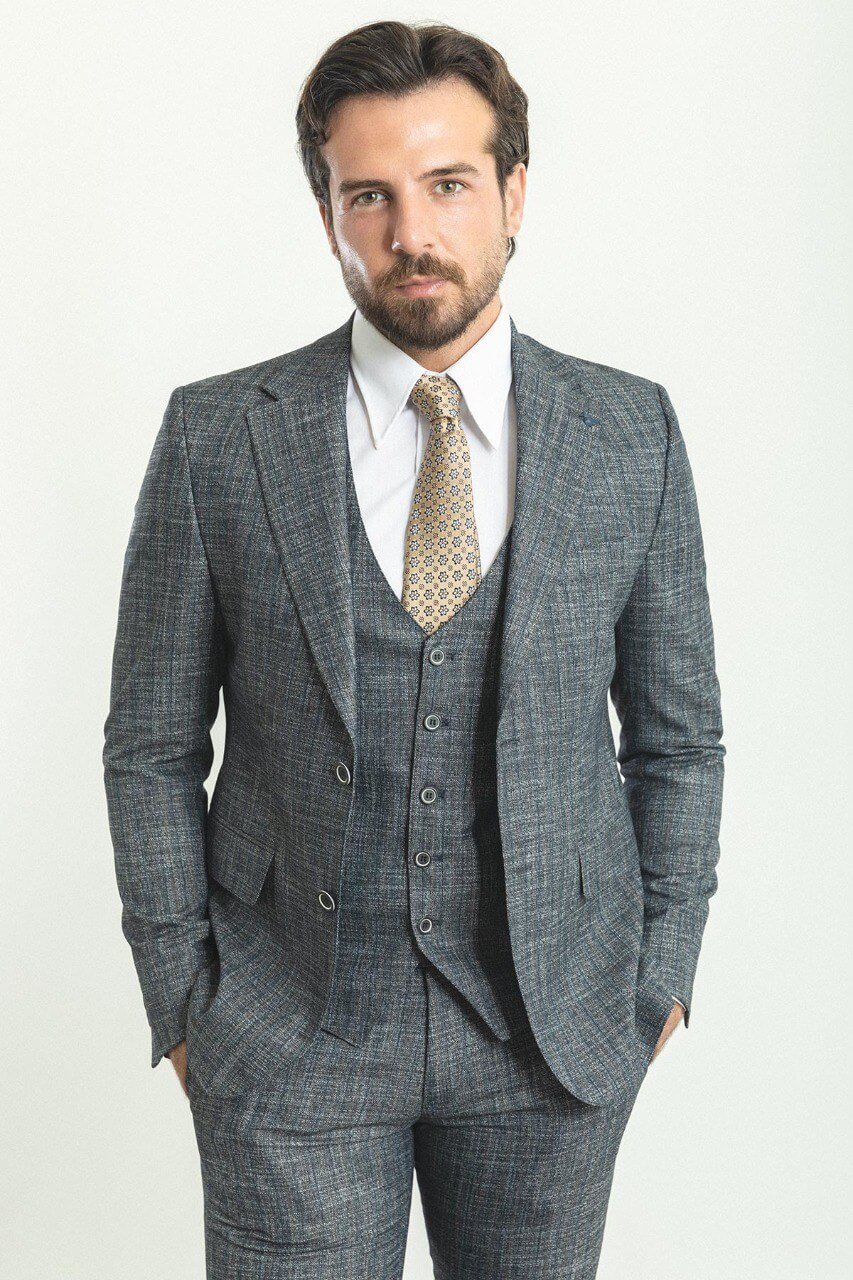 A Modern Elegant Slim Fit Gray Suit on Display.