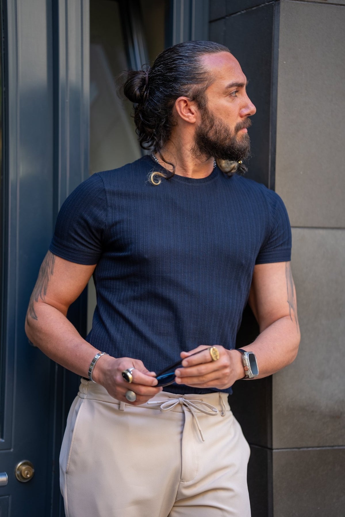 Navy crew neck t-shirt neckline detail close-up