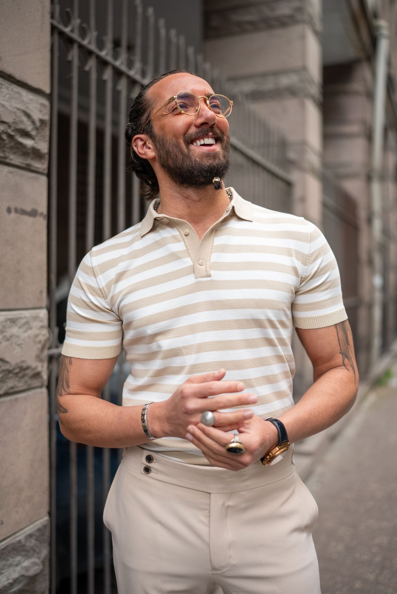 Timeless Sophistication: Stand Out in Beige Striped Patterned Polo HolloMen Timeless Sophistication: Stand Out in Beige Striped Patterned Polo HolloMen