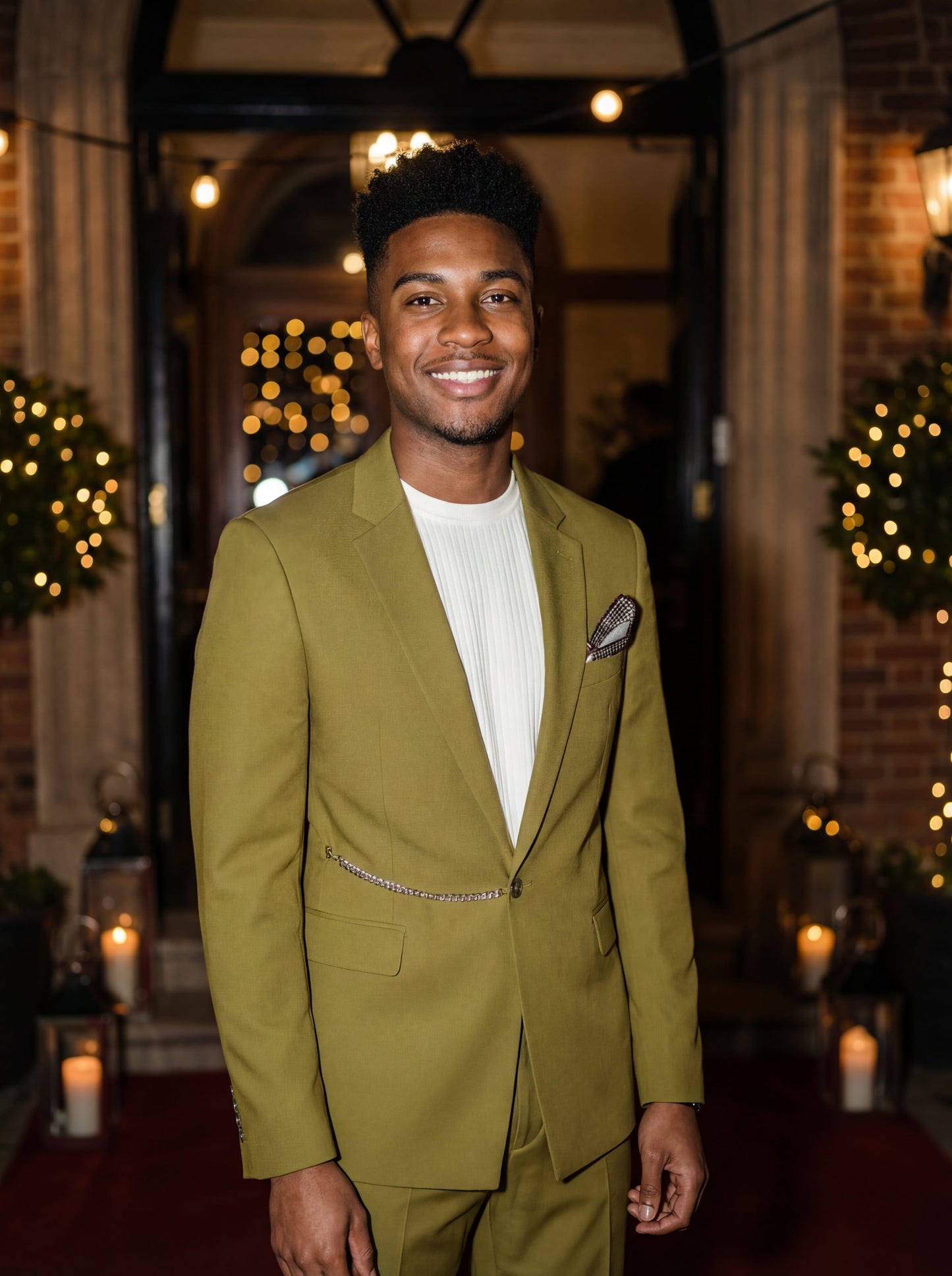 Olive green slim fit prom suit with chain detail worn by young male model