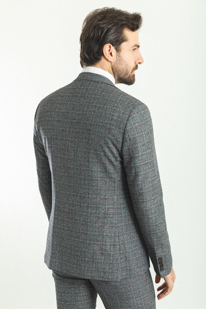 A Patterned Dark Gray Suit on Display.