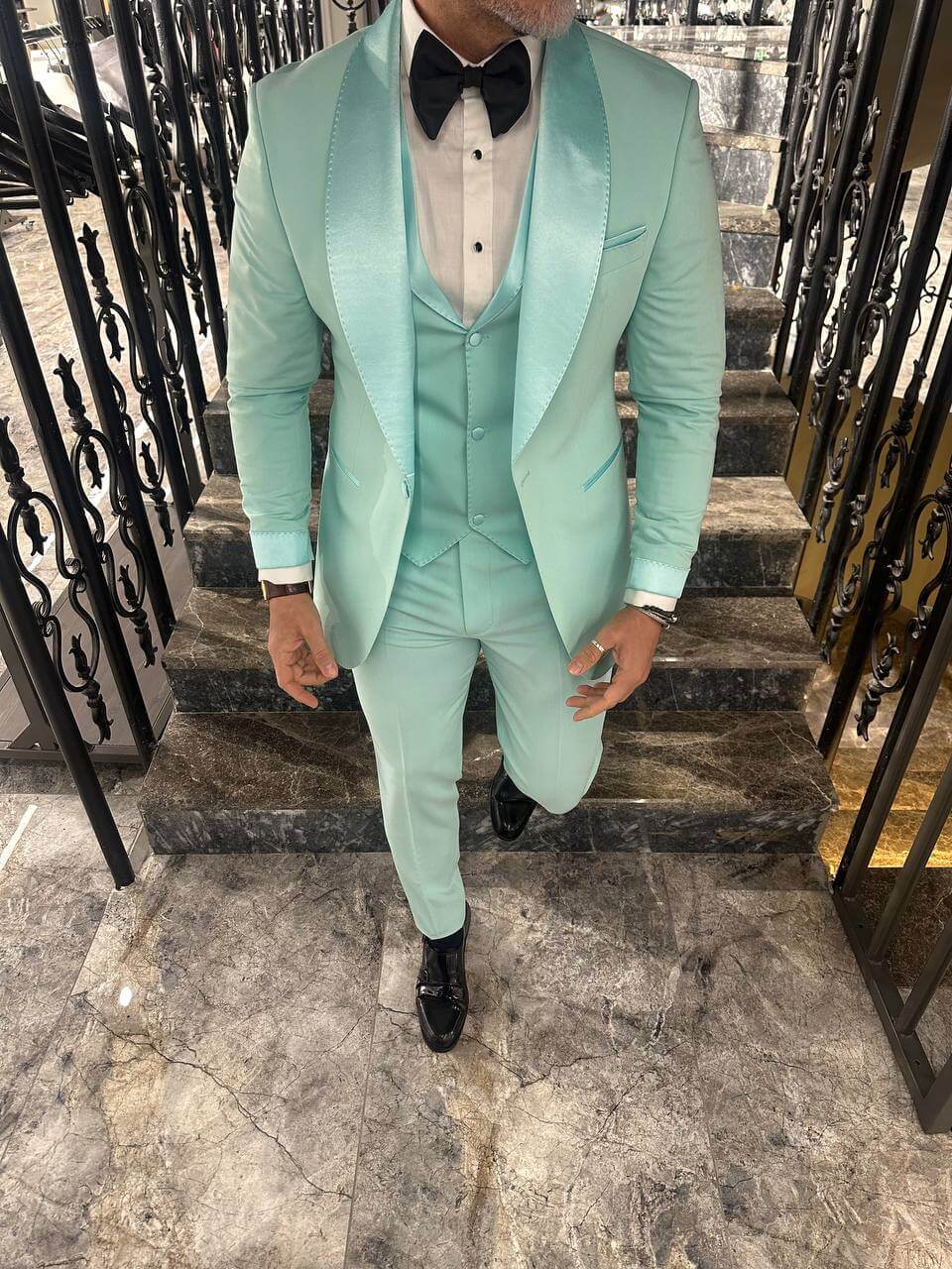 Mint Green Satin Tuxedo Suit for Men Classic Fit, 3-Piece Set with Bow Tie HolloMen Mint Green Satin Tuxedo Suit for Men Classic Fit, 3-Piece Set with Bow Tie HolloMen