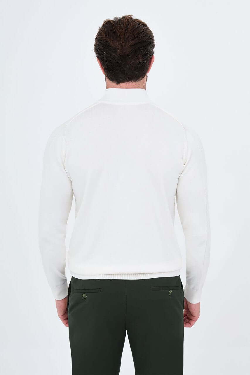 Men's ecru slim fit mock neck sweater cotton knit pullover for fall winter smart casual style