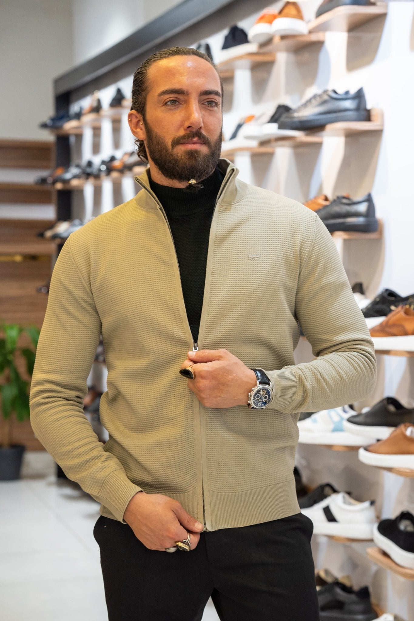 Self-Patterned Beige Cardigan for Men Self-Patterned Beige Cardigan for Men