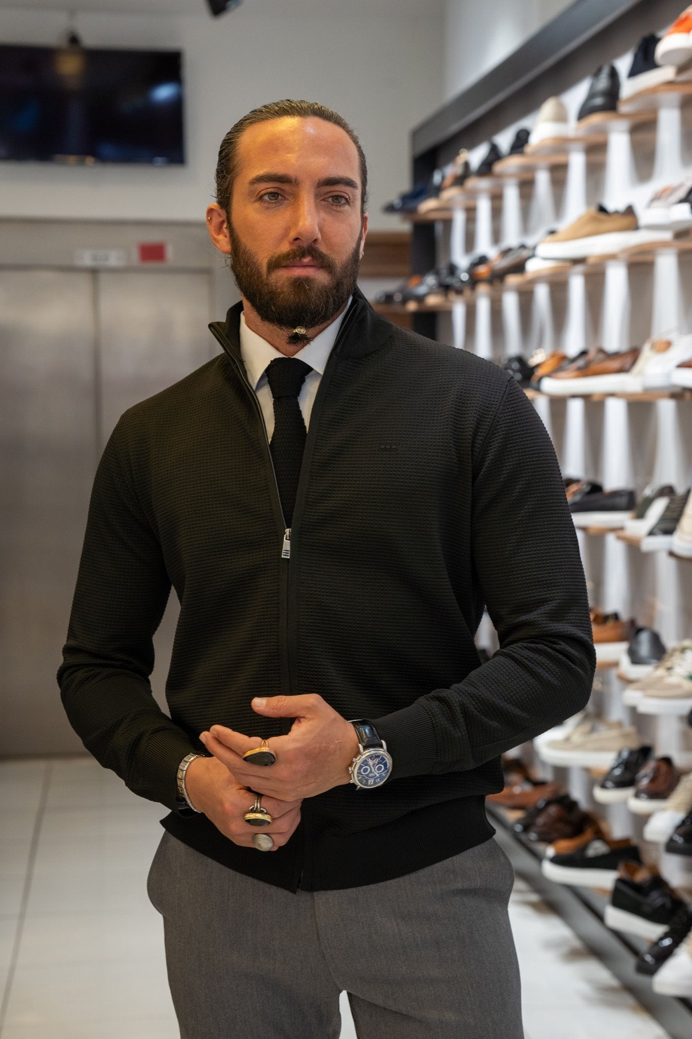 Self-Patterned Black Cardigan for Men Elegant Fall Knitwear