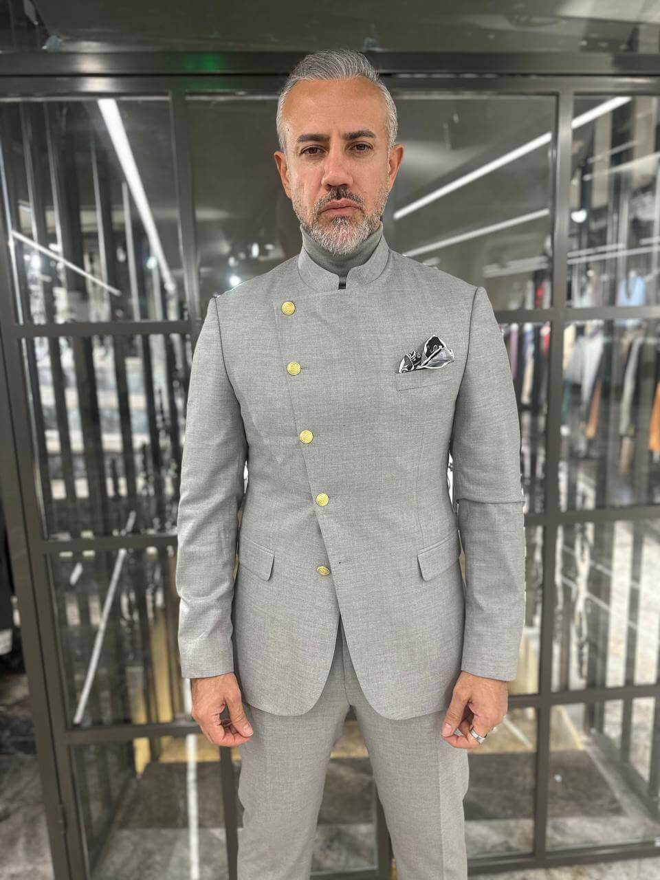 Silver Monarch Mandarin Suit - Elegant Wedding Attire HolloMen Silver Monarch Mandarin Suit - Elegant Wedding Attire HolloMen