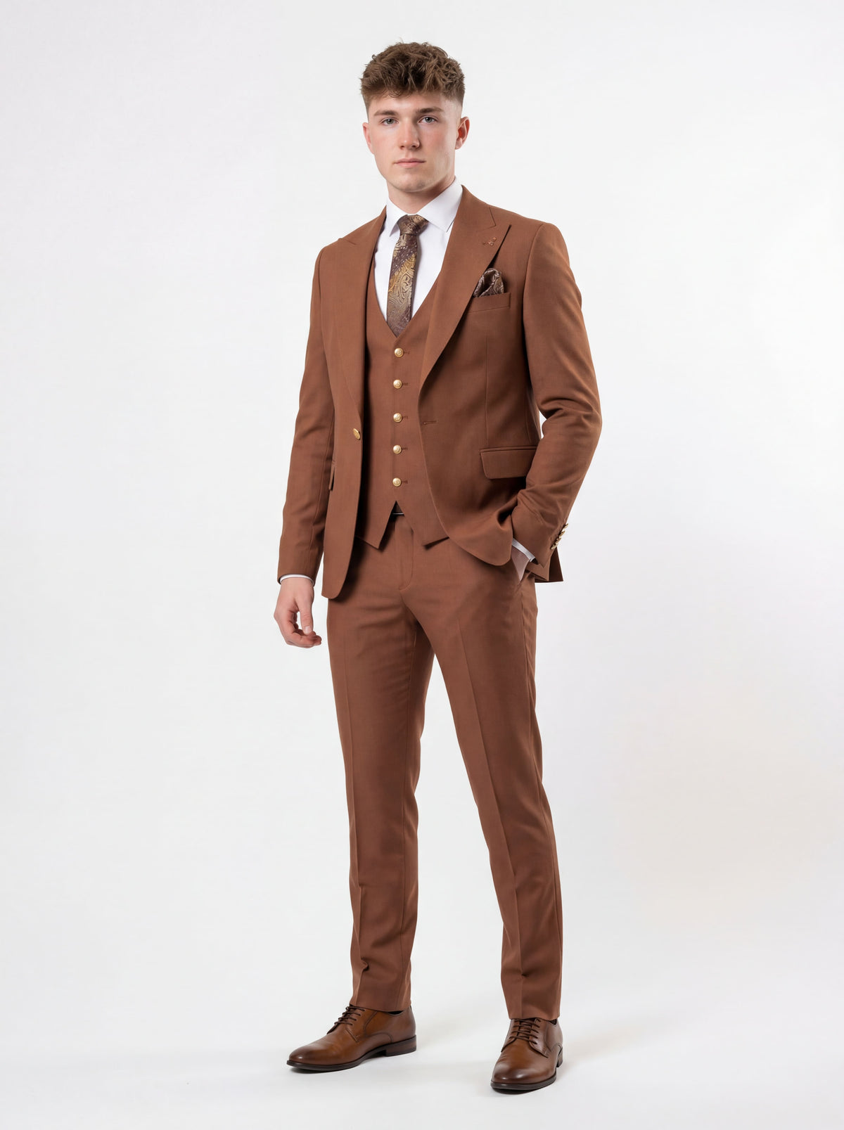 Tile brown 3 piece prom suit with vest and tailored blazer, front view