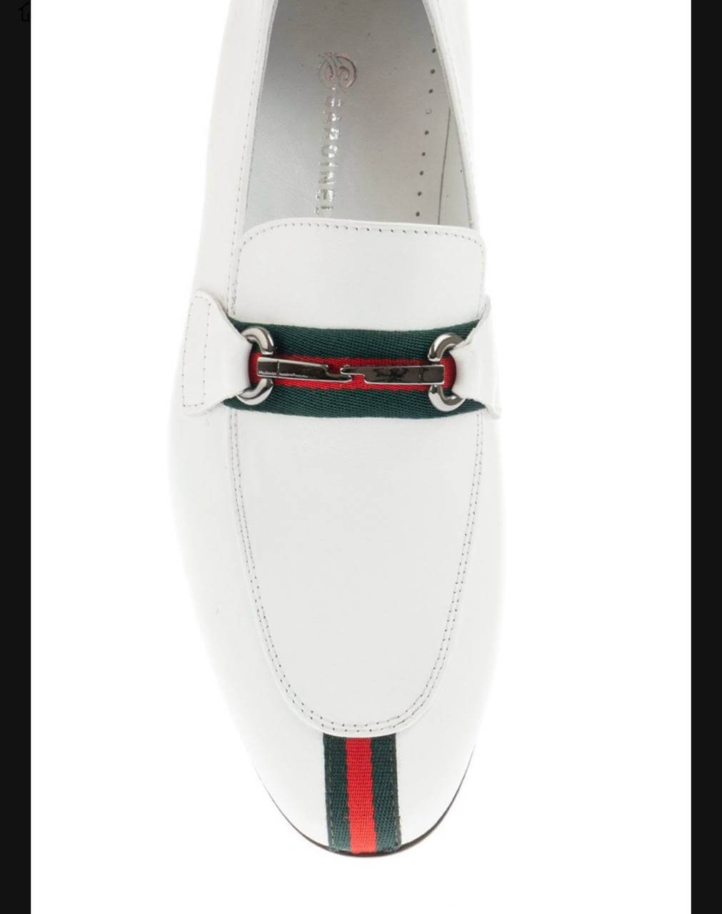 White leather loafer with red and green stripe detail and silver horsebit.
