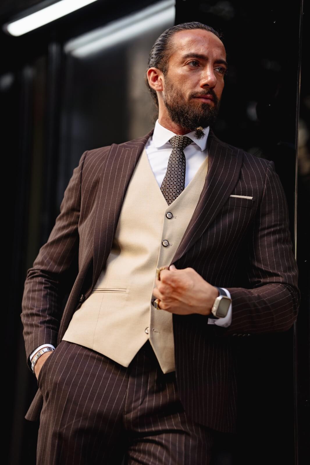 A Beige-Brown Slim Fit Suit on display.