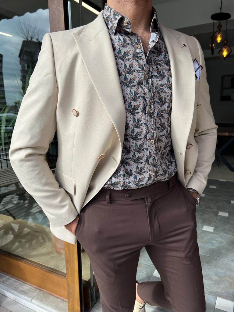 Beige double-breasted long jacket