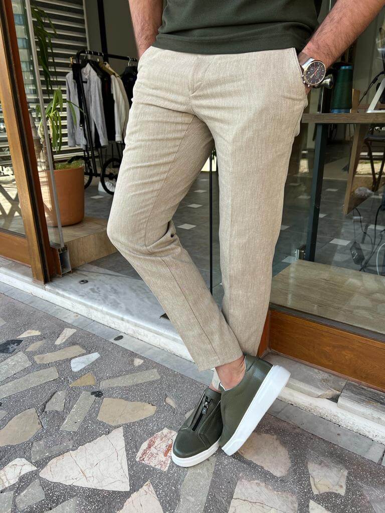 Slim Fit Casual Beige Linen – HolloMen - Main Image