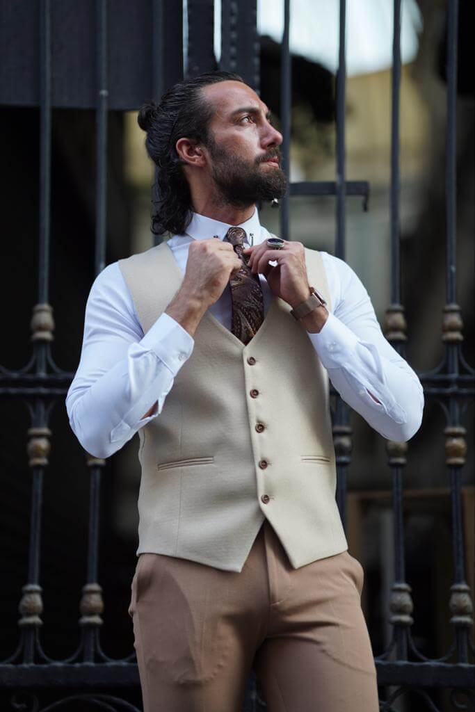 beige dress vest Men's suit vest without lapels - beige V2 OM-BLZV-0112 | Ombre.com