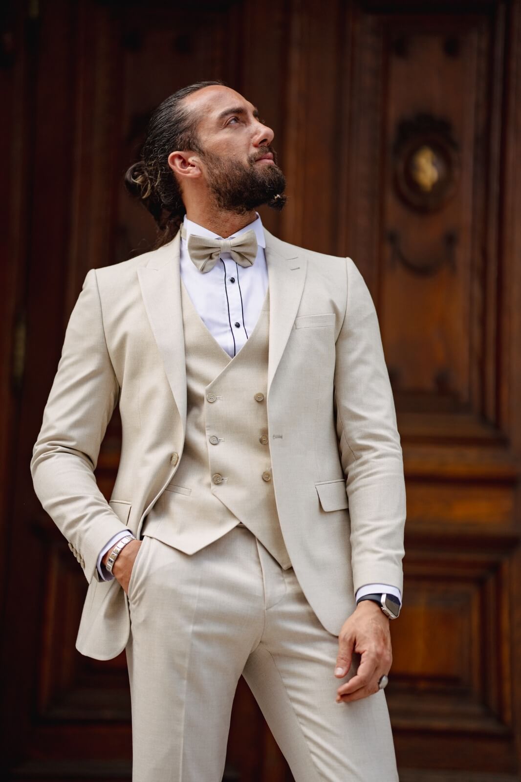 HolloMen Birch Beige 3-Piece Wedding Tuxedo Suit
