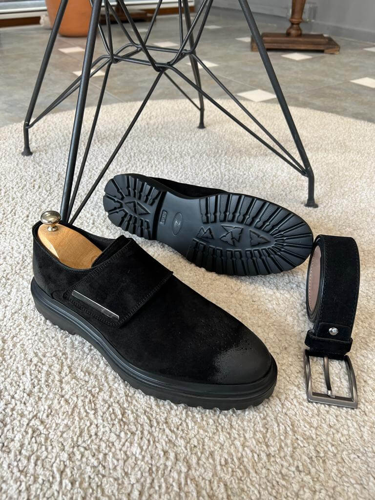 Geneva black suede single buckle monk strap loafers, featuring smooth suede texture and minimalist detailing for an elevated fall-winter look.