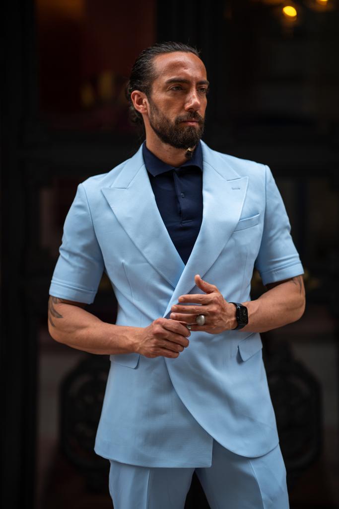 Light Blue Suit Wearing A Short Sleeve Shirt With A Suit Athletic