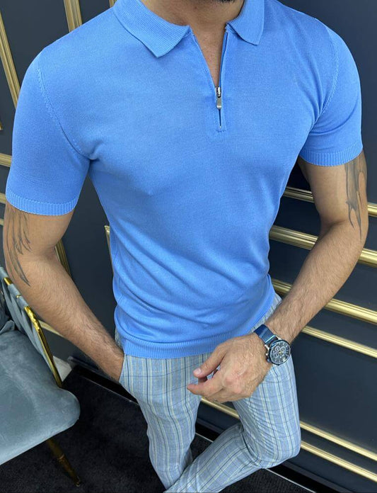 Blue Zipper Detail T-Shirt