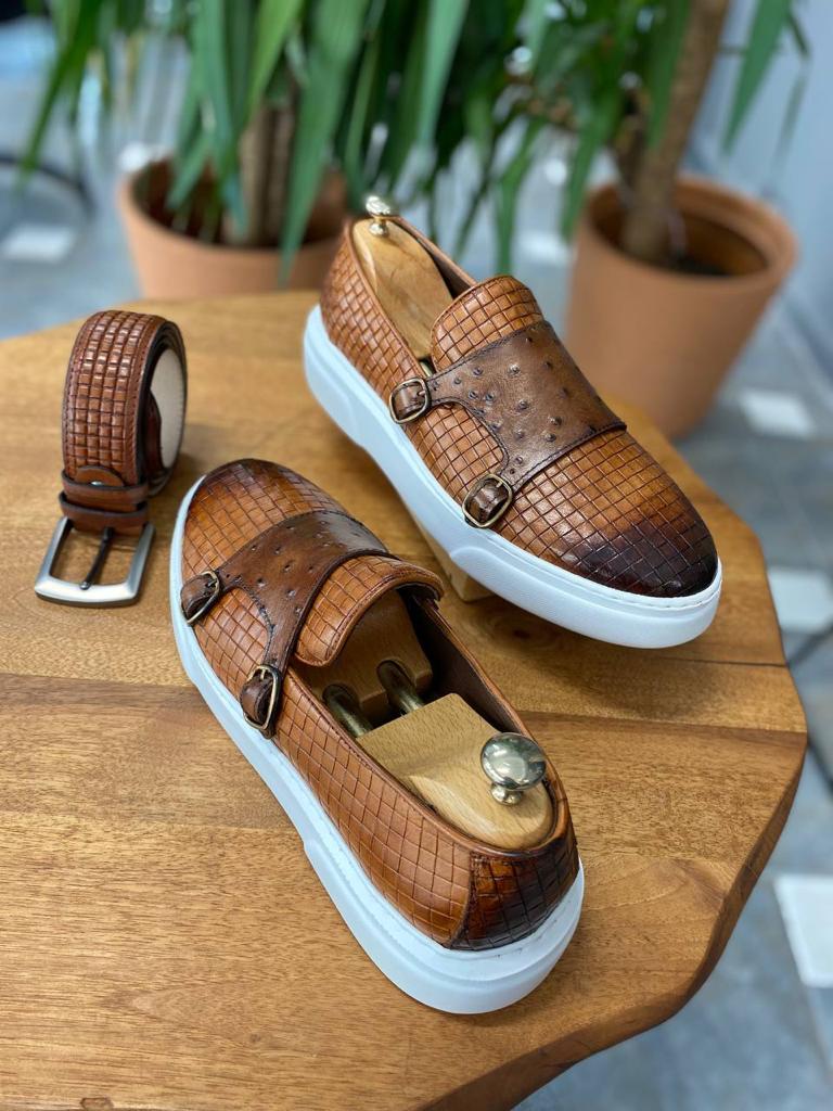 Camel leather monk strap shoes with a textured woven-style EVA sole, designed for fall-winter versatility and comfort.