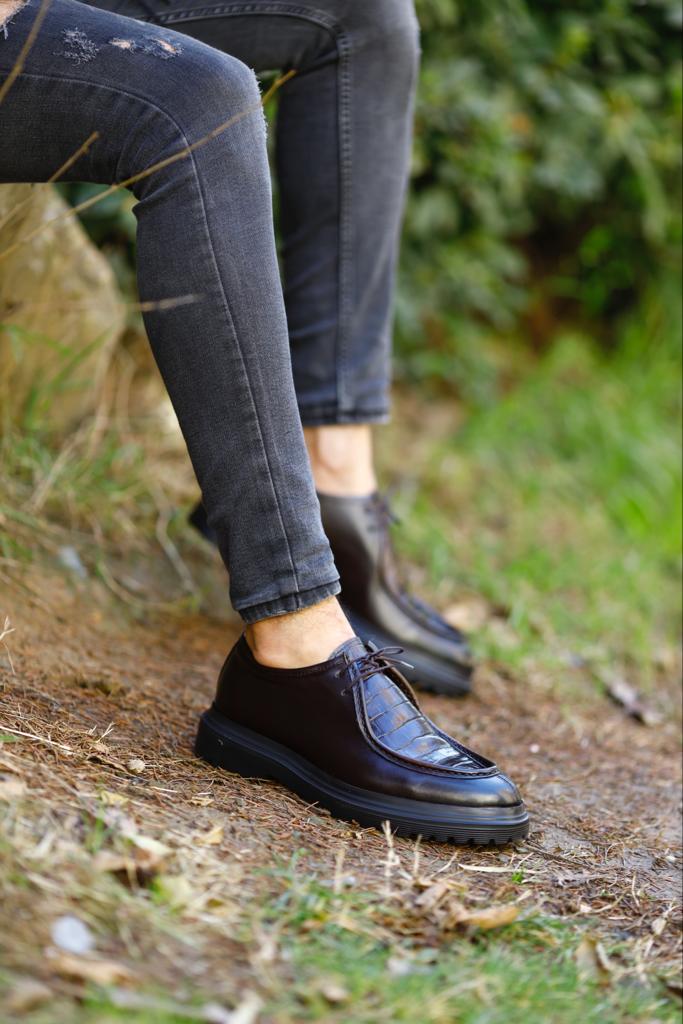 Elegant Milan dark brown derby shoes made from 100% genuine croco-patterned leather with white EVA soles, styled for both classic and modern men’s fashion.