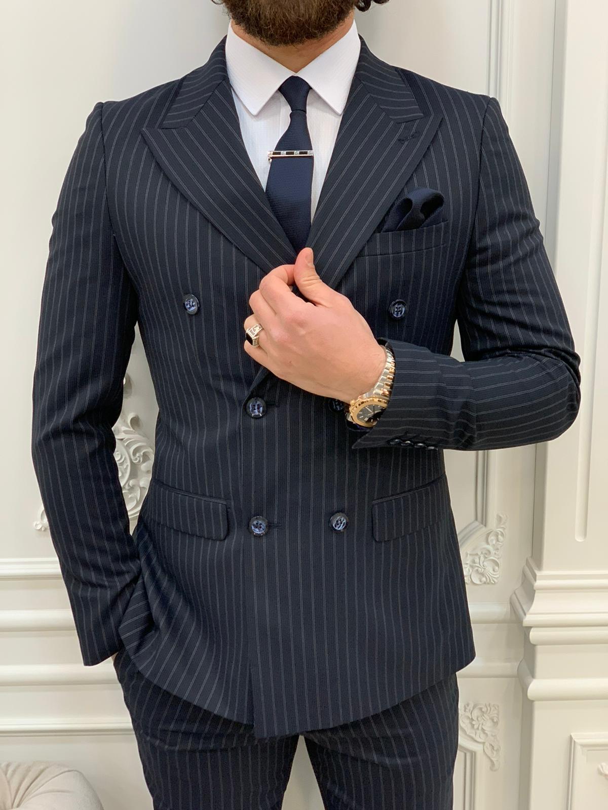 Dark Navy Blue Striped Double Breasted Suit