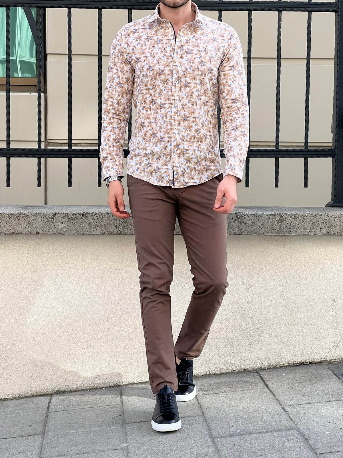 A comfortable and elegant floral beige cotton shirt for any occasion