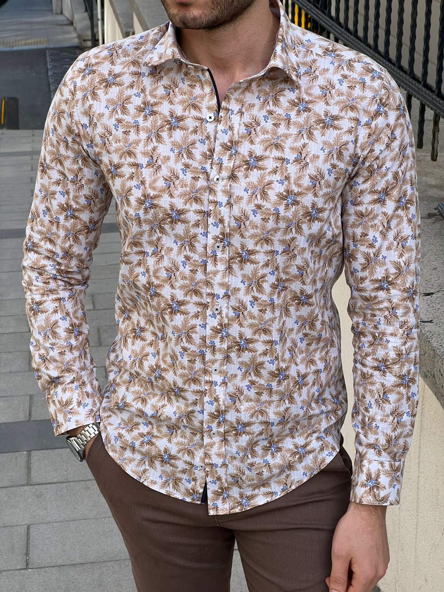 A comfortable and elegant floral beige cotton shirt for any occasion