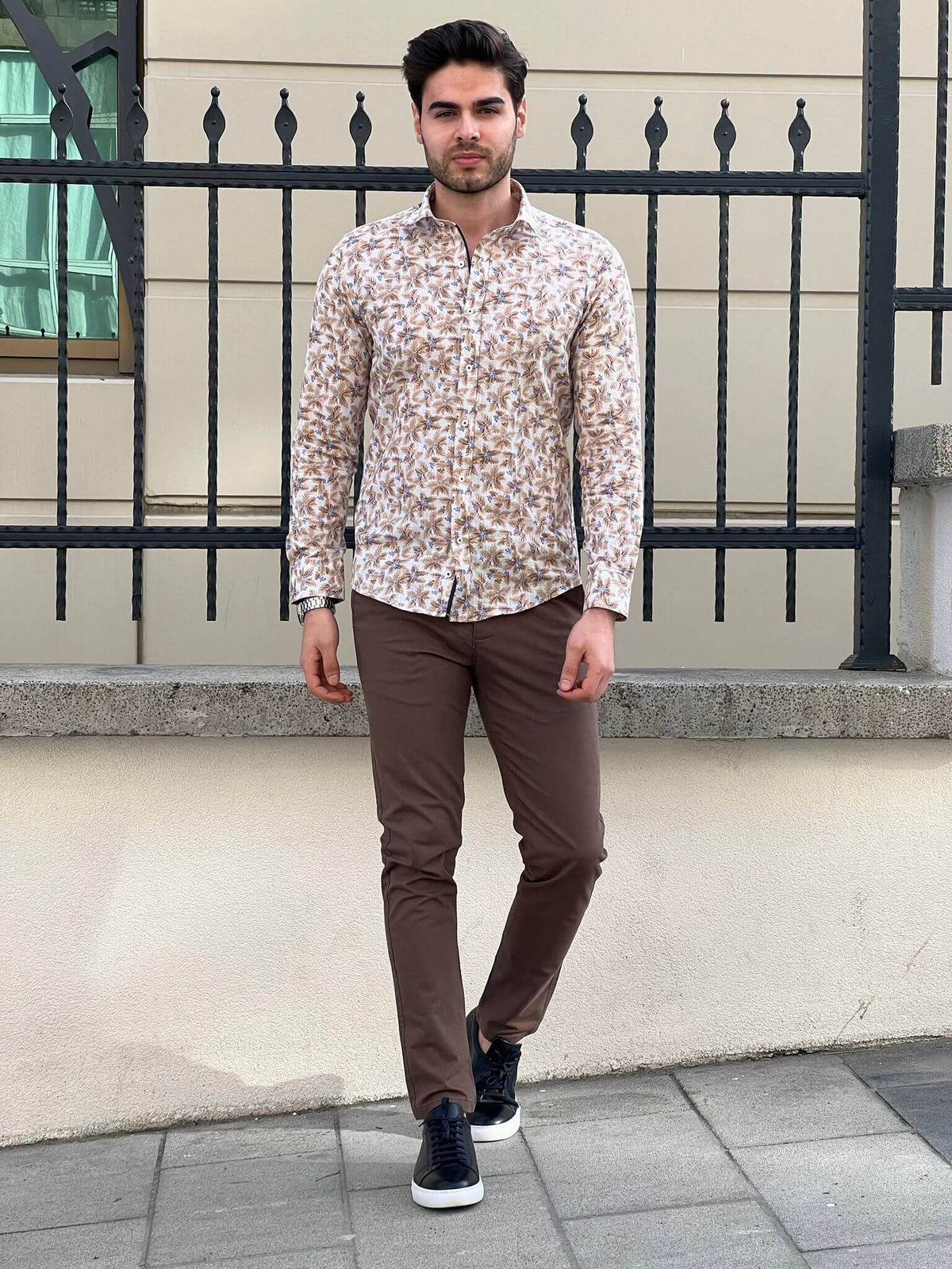 A comfortable and elegant floral beige cotton shirt for any occasion