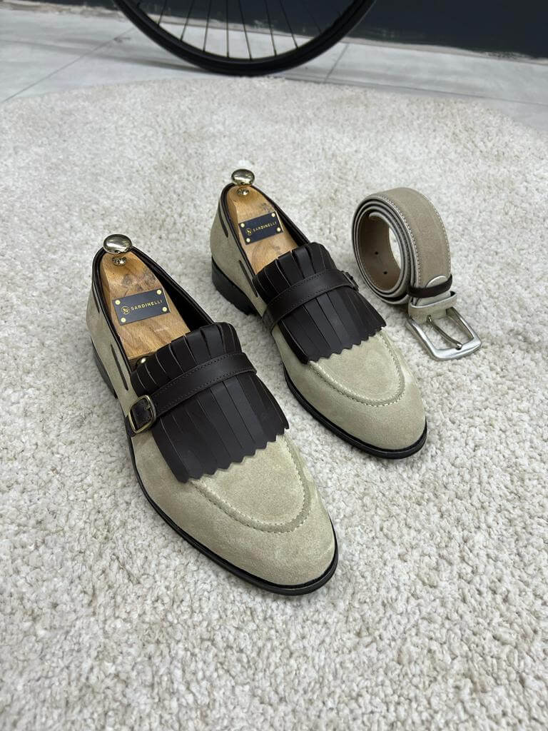 Fringe Detail Men's Beige Suede Loafers HolloMen Fringe Detail Men's Beige Suede Loafers HolloMen