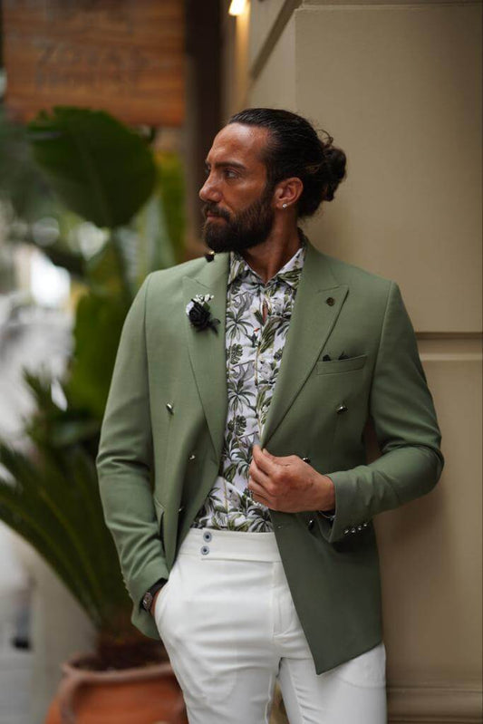 A Green Double Breasted Blazer Jacket On Display 
