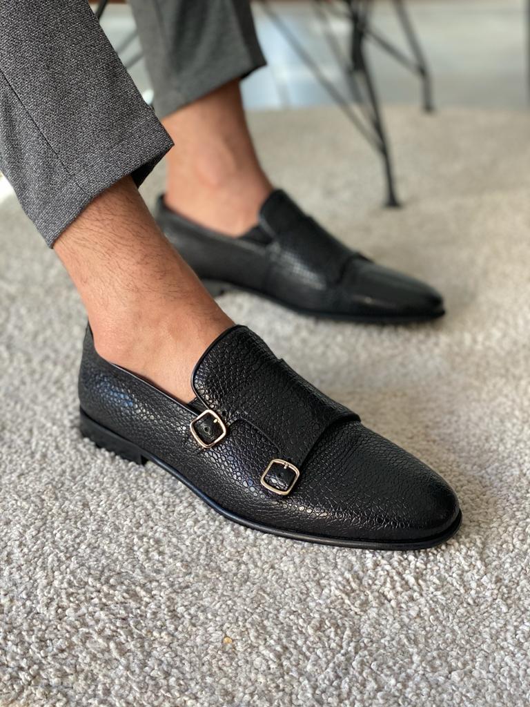 Black double buckle monk strap shoes crafted from premium leather with a neolite sole, designed for elegant fall-winter wear.