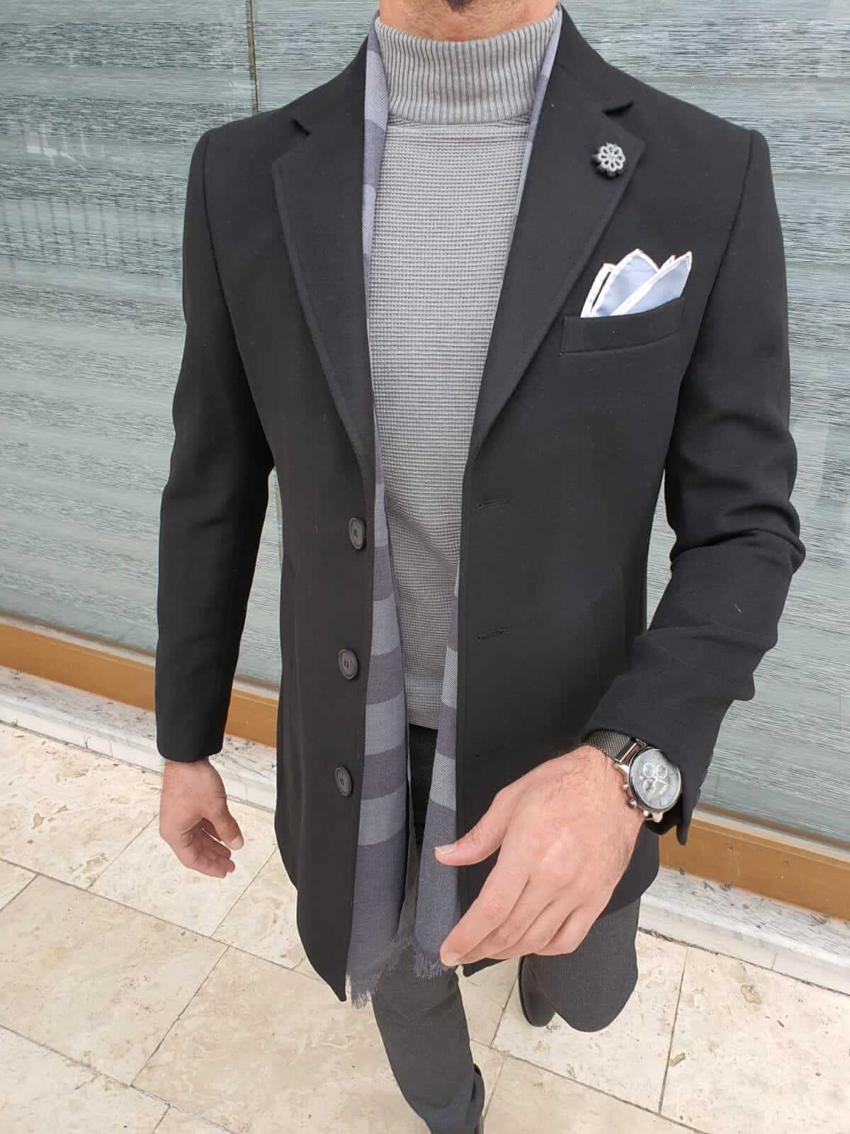 A classic black coat made of wool for men