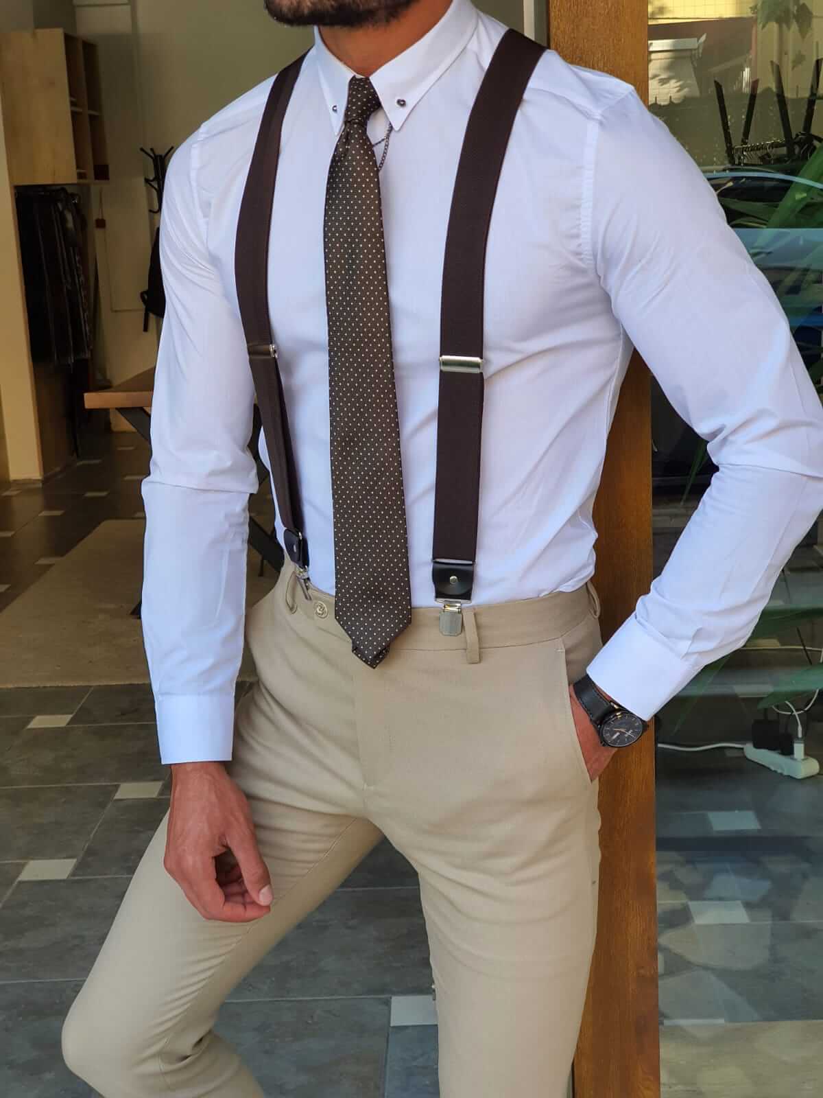 brown dress suspenders Brown Leather Suspenders & Dusty Rose Bow Tie