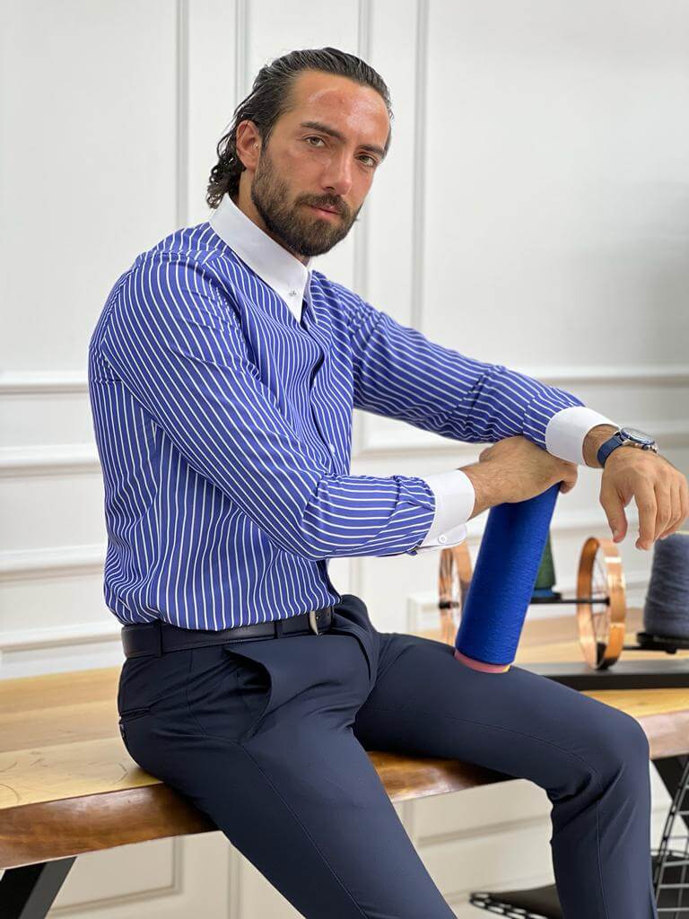 Italian Collar Blue Striped Shirt HolloMen Italian Collar Blue Striped Shirt HolloMen