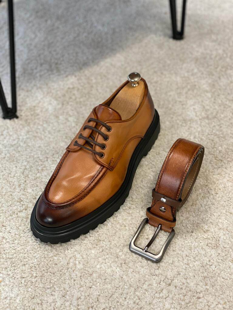 Stylish camel brown leather derby shoes for men with lace-up design and EVA soles, crafted for fall-winter sophistication and all-day comfort.
