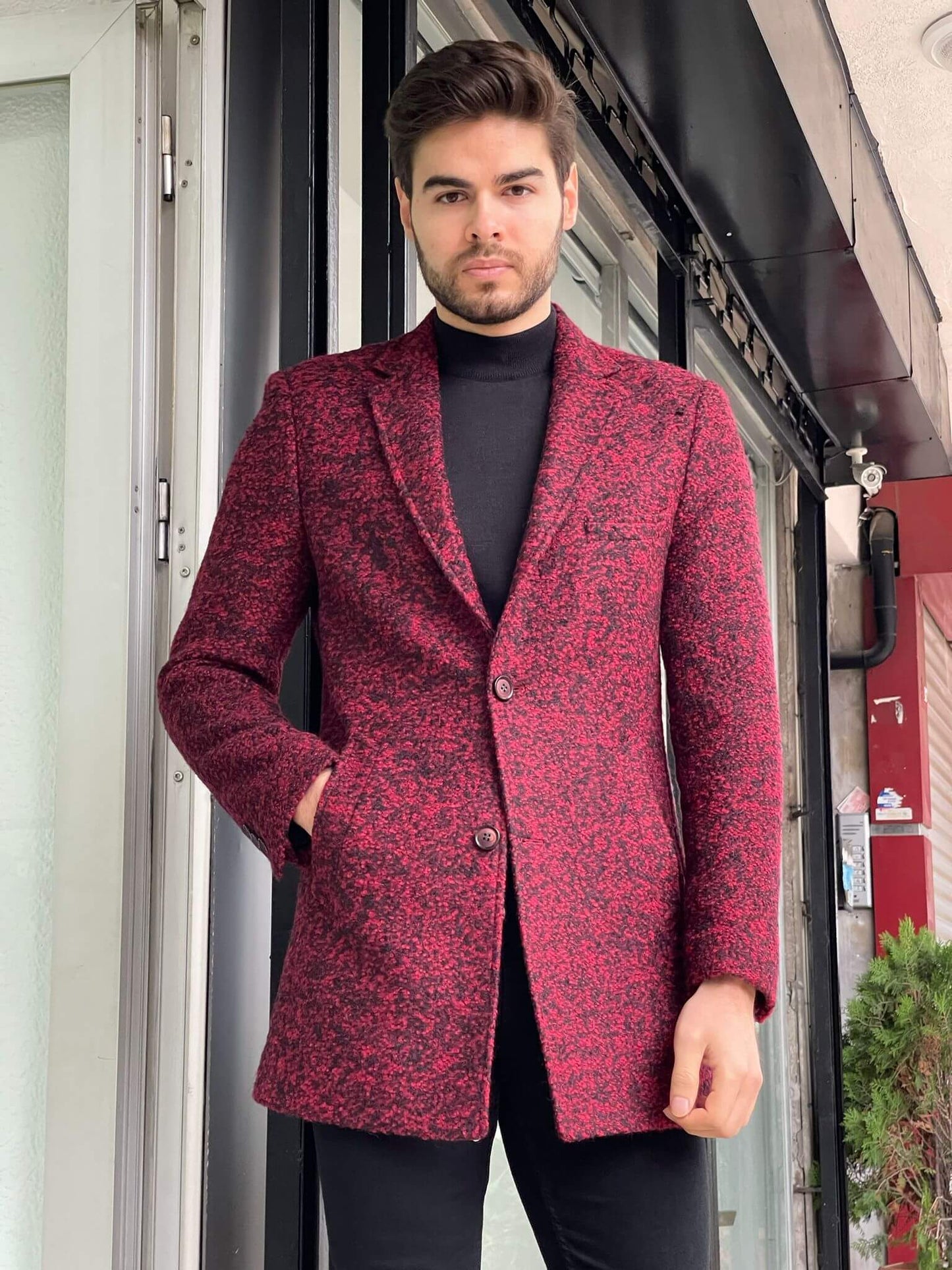 Claret red wool coat with intricate patterns