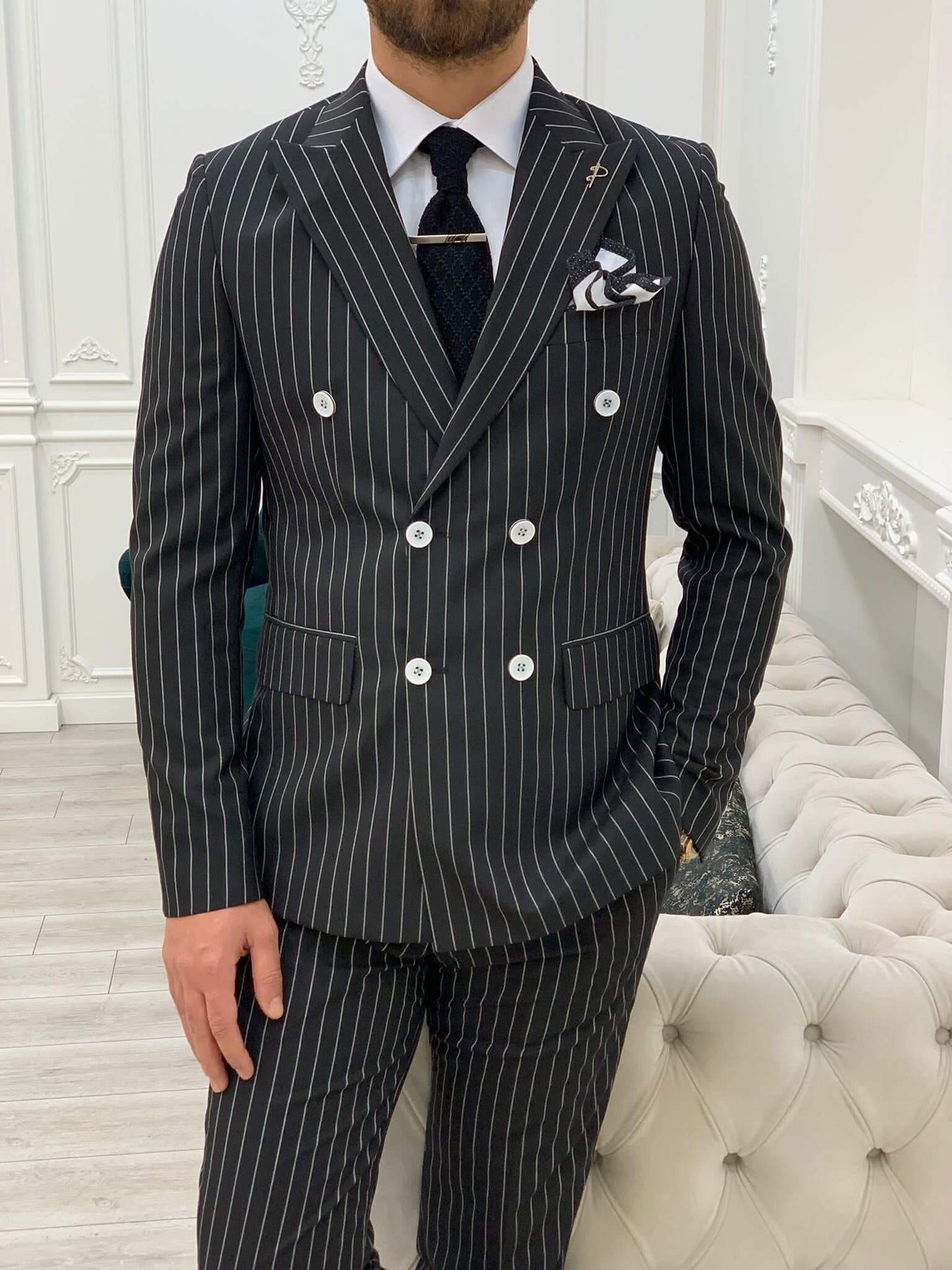 Pinstripe Black Double Breasted Suit