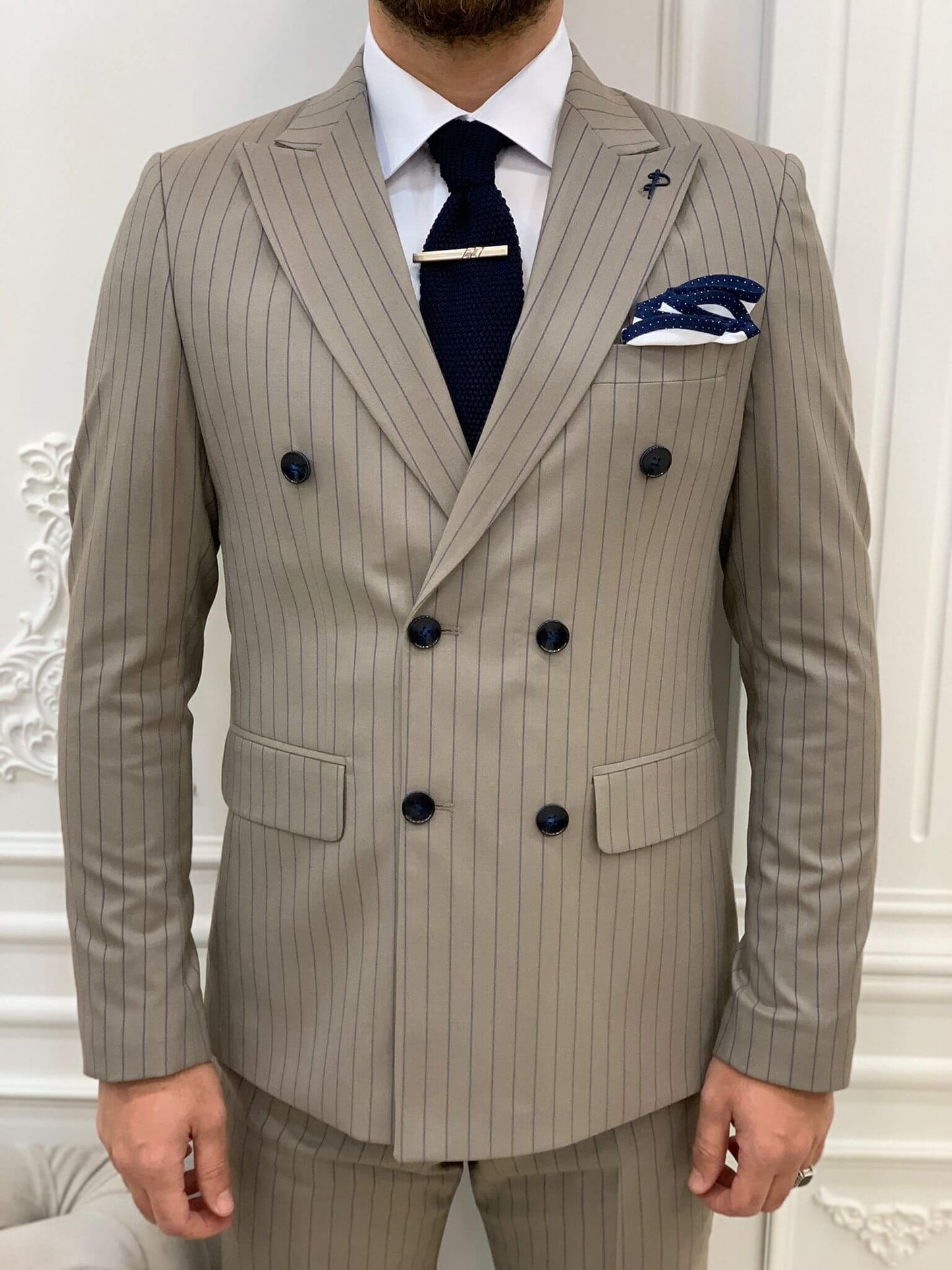 Pinstripe Coffee Double Breasted Suit