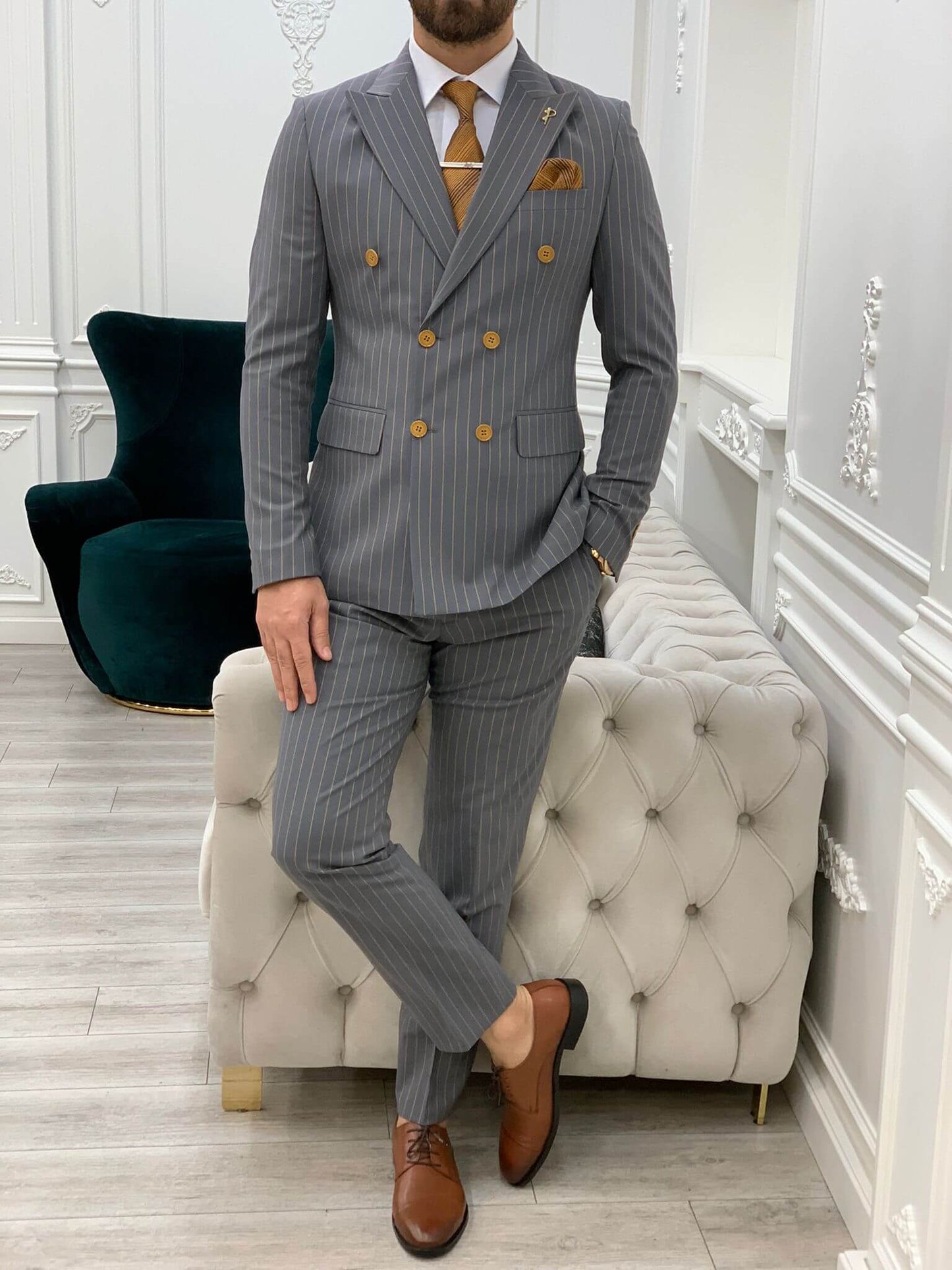 Pinstripe Gray  Double Breasted Suit