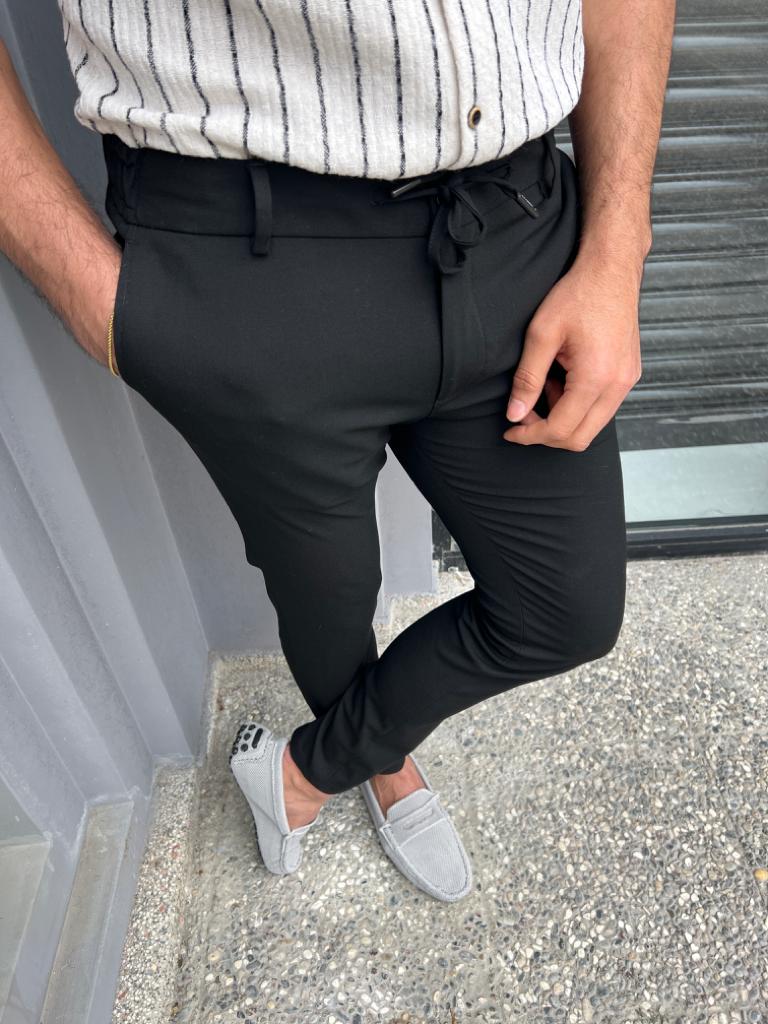 Slim Fit Rope Detail Black Pants