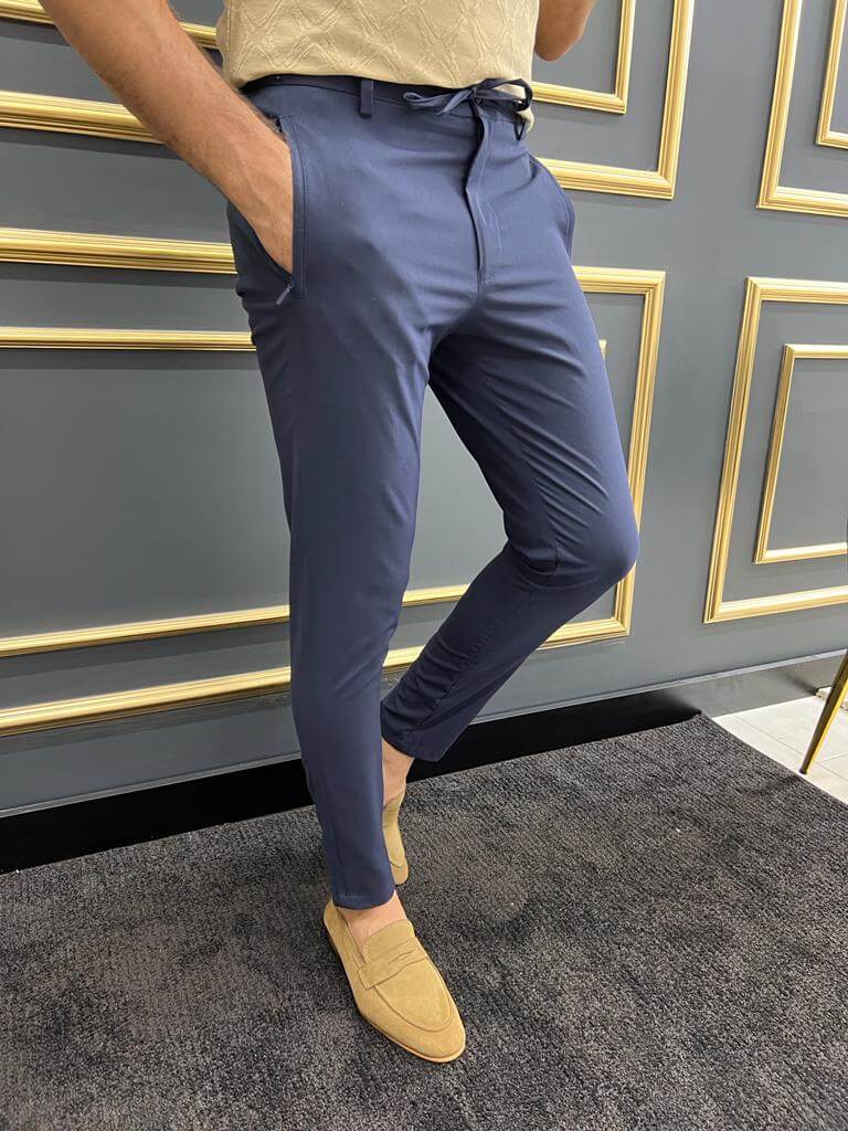 Men's Slim Fit Rope Detail Navy Trousers HolloMen Men's Slim Fit Rope Detail Navy Trousers HolloMen