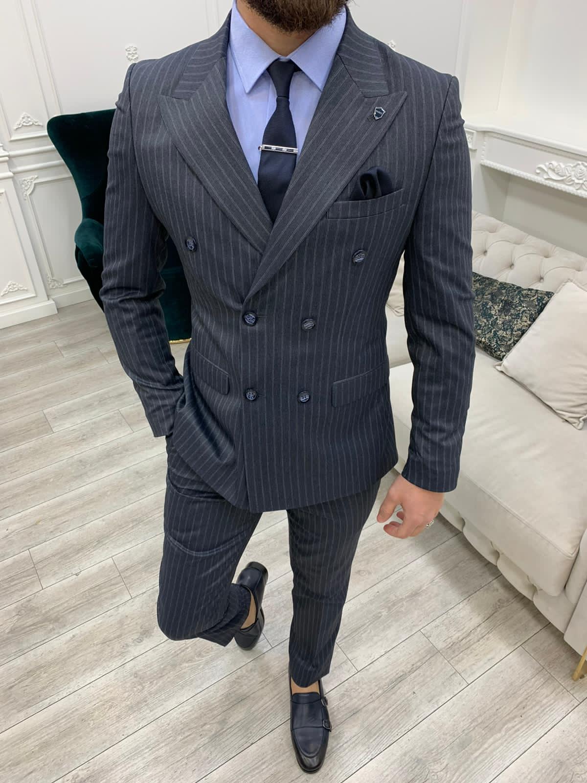 Smoked Gray Double Breasted Striped Suit