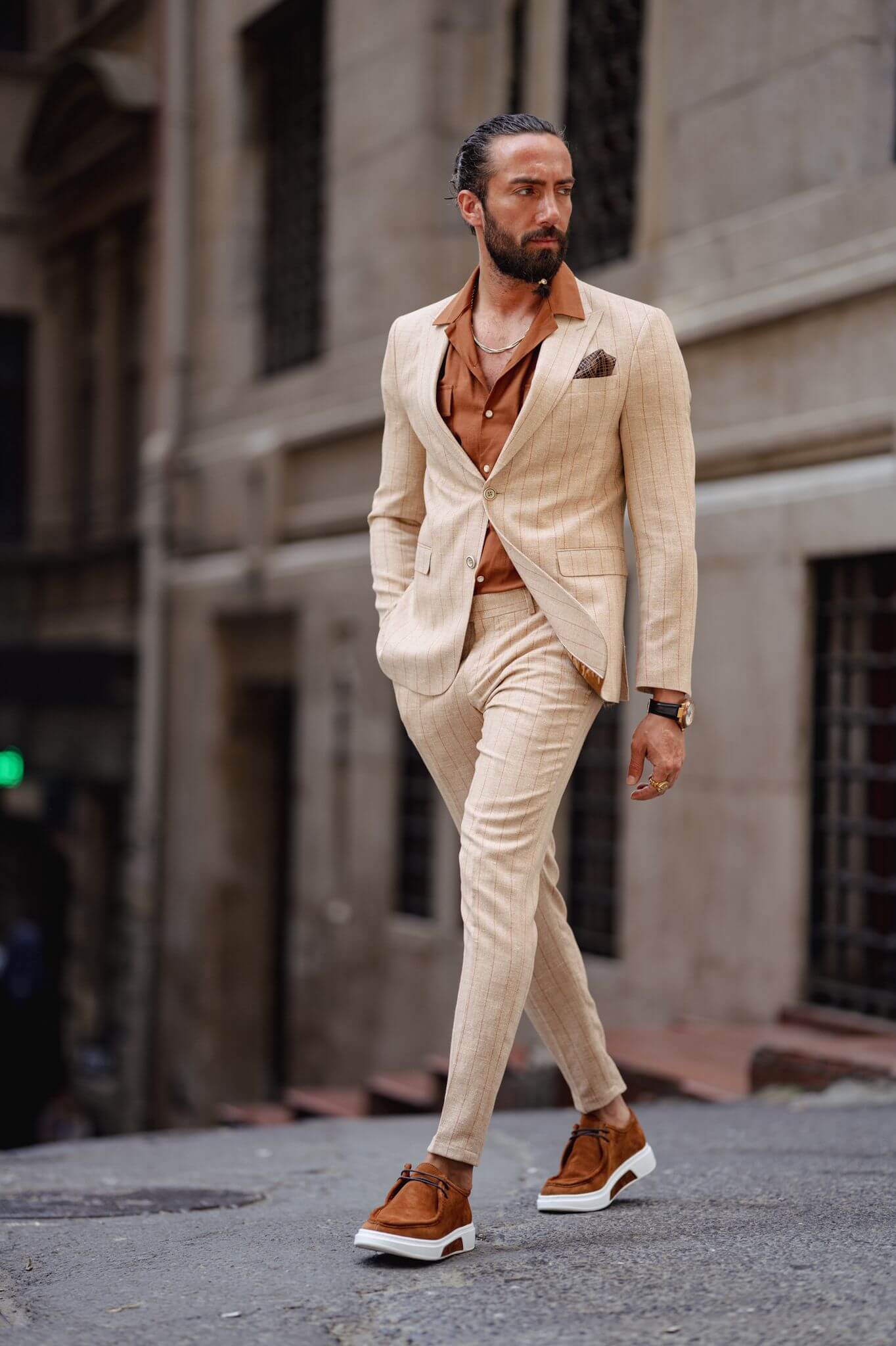 A Striped Beige Linen Suit on display