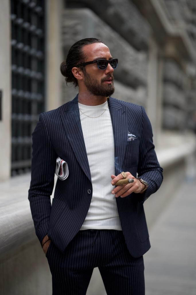 Striped Dark Blue Business Casual Suit