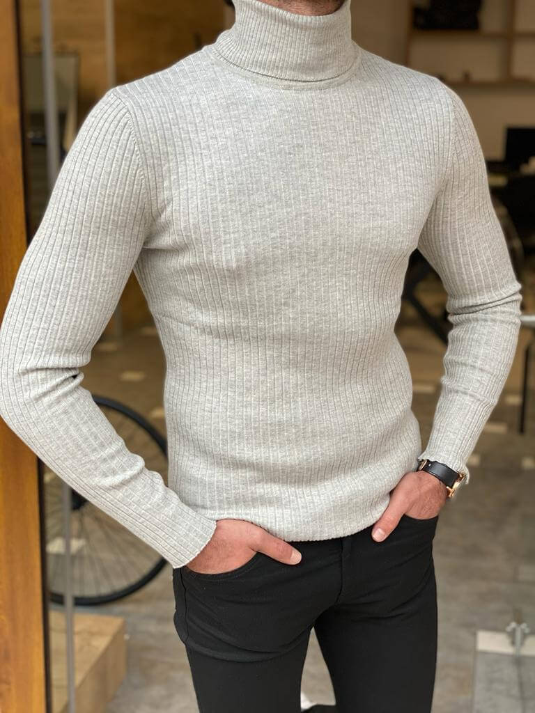White Turtle Neck Style Men Striped Lycra Turtleneck For Men Sleek