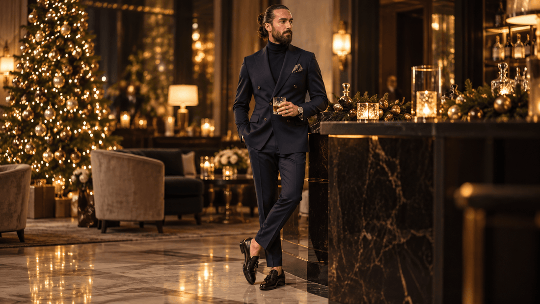  Man in a navy blazer and turtleneck dressed for an office holiday party. 
