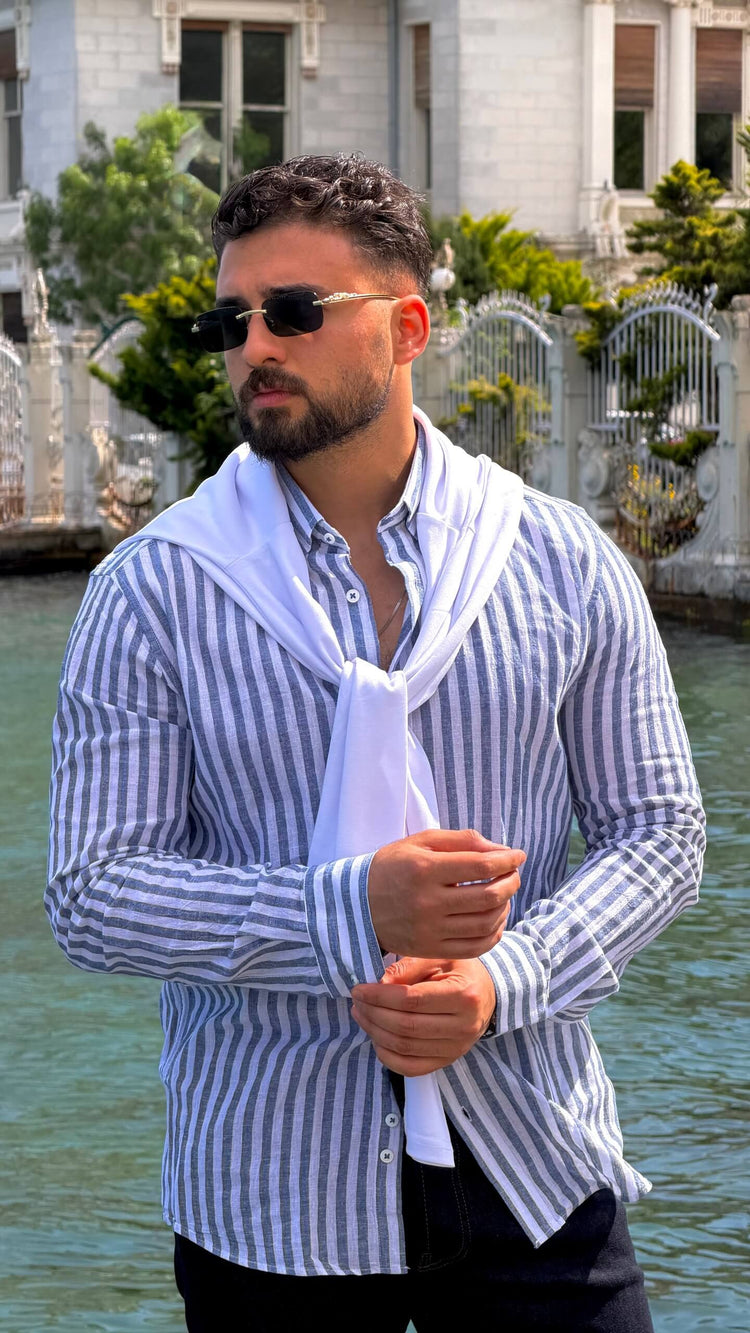 Men's Blue and White Stripes Summer Casual Shirt. 